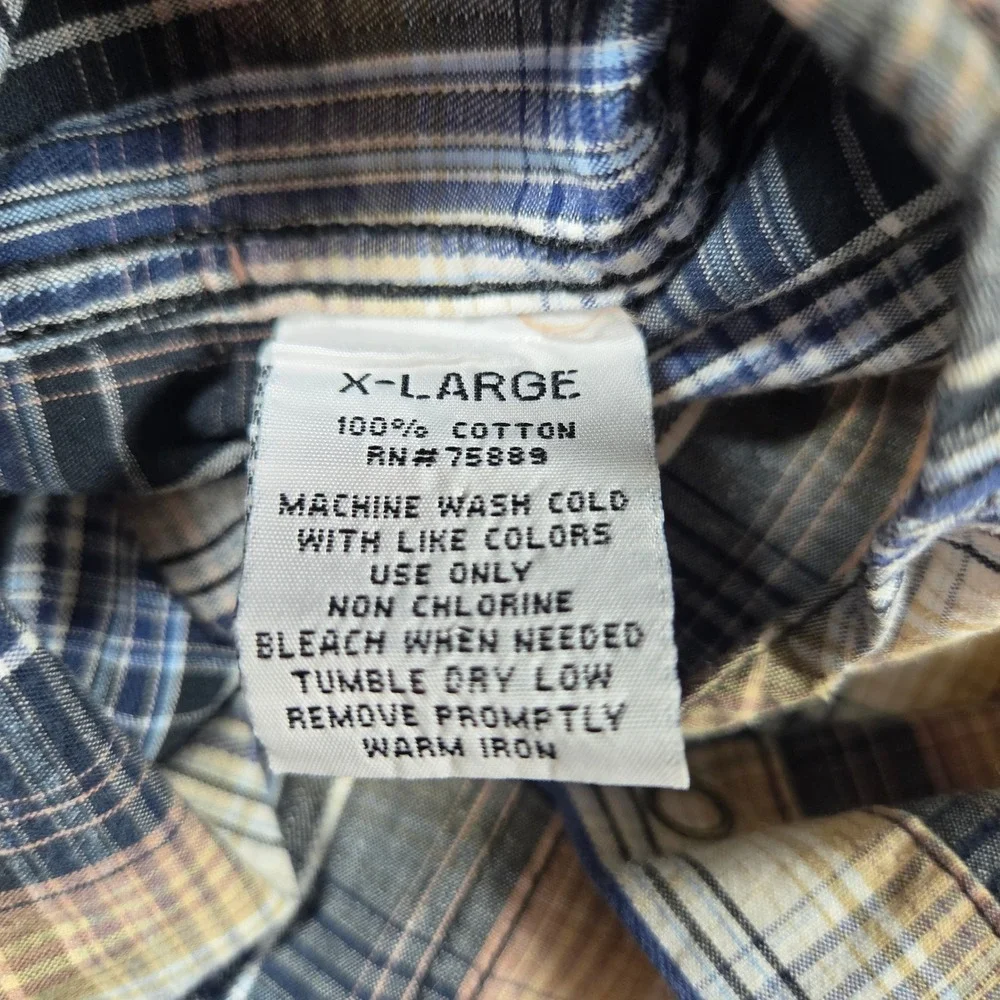 BKE Slim Fit Mens Western Snap Shirt XL Plaid Distressed Embroidered Blue Tan
